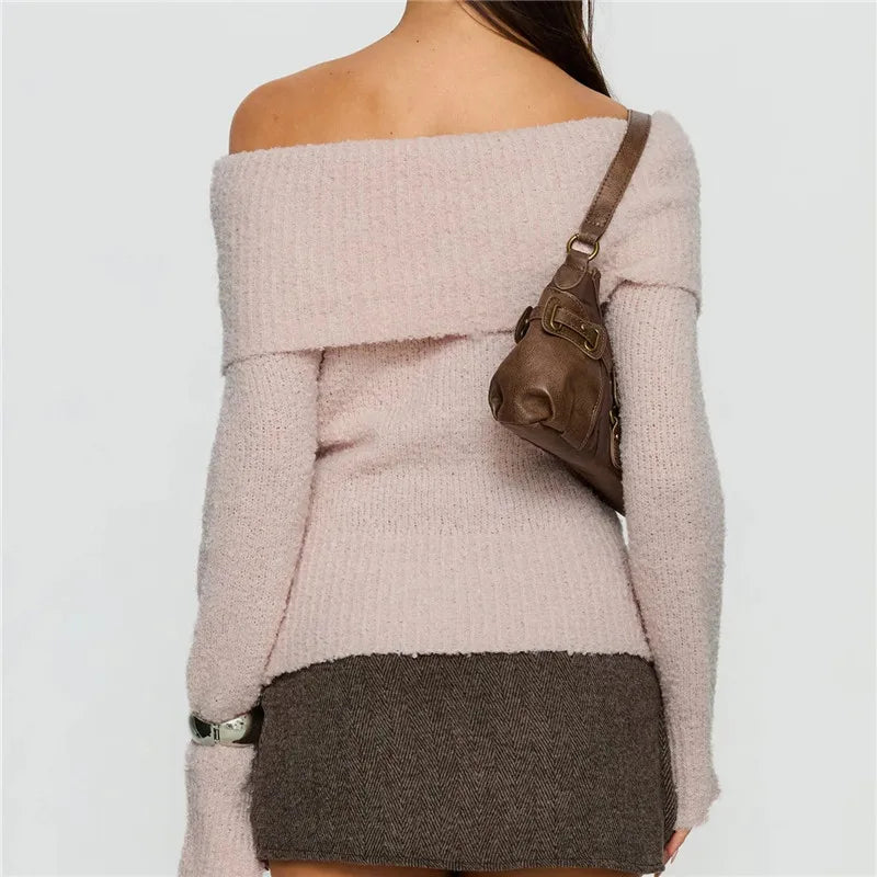 Womens Off The Shoulder Sweater Y2K Oversized Long Sleeve Slouchy Knitted Loose Pullover Sweaters Tops Streetwear