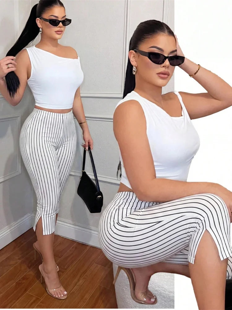 Tiger Stripes Print Elastic Waist Short Women Skinny Side Slit Skinny Simple Classic Fashion Summer Daily Streetwear