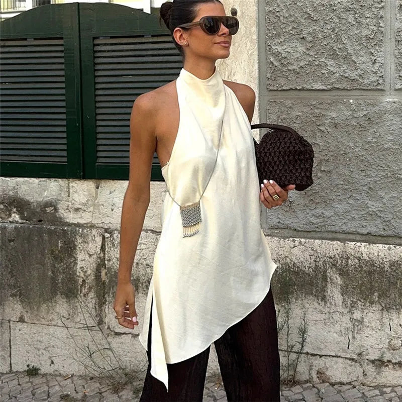 Women Backless Halter Crop Top Solid Color Satin Slip Tank Top Casual Office Ladies Off Shoulder Evening Party Vests