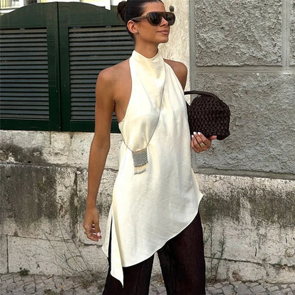 Women Backless Halter Crop Top Solid Color Satin Slip Tank Top Casual Office Ladies Off Shoulder Evening Party Vests