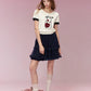Cute Embroidered Crop Top for Women, Cartoon Knit T-Shirt with Black Cuffs, Perfect for Street Style & Casual Outfits