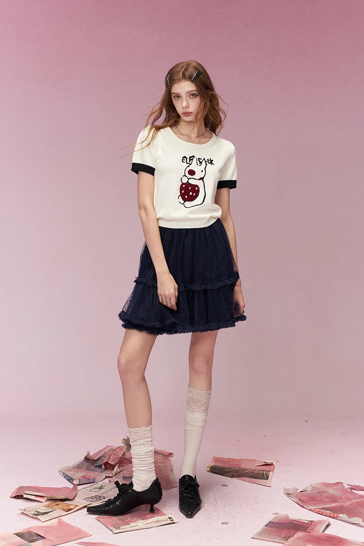 Cute Embroidered Crop Top for Women, Cartoon Knit T-Shirt with Black Cuffs, Perfect for Street Style & Casual Outfits