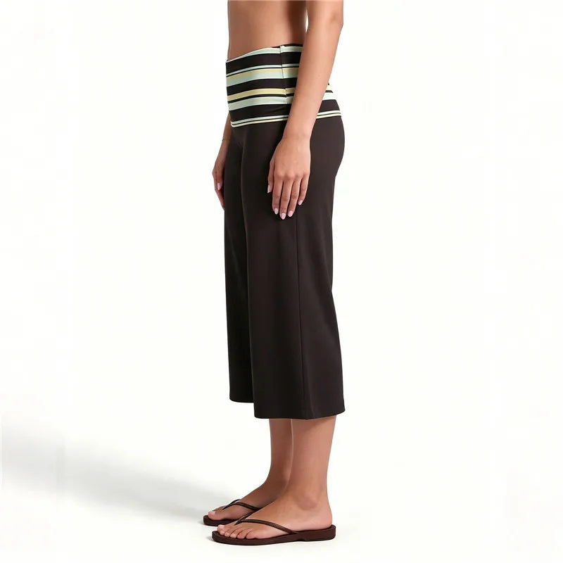 Women High Waist Fold Over Striped Waistband Cropped Wide Leg Pants Stretchy Casual Beach Yoga Capri Trousers