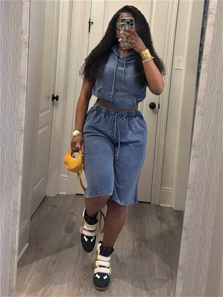 Casual Fashion 2 Piece Set Woman Vintage Style Sleeveless Hooded Tank Tops+Drawstring Elastic Waist Shorts Streetwear