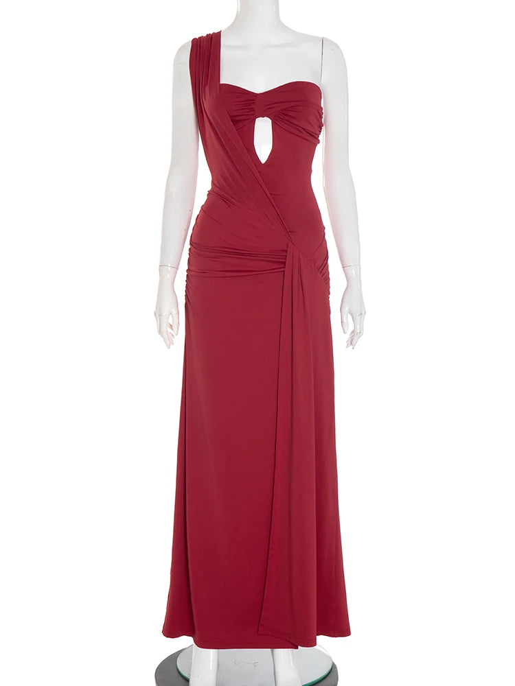 Sexy One Shoulder Dress Women Elegant Hollow Patchwork Ruched Split Stretch Skinny Midnight Clubwear Party Vestidos