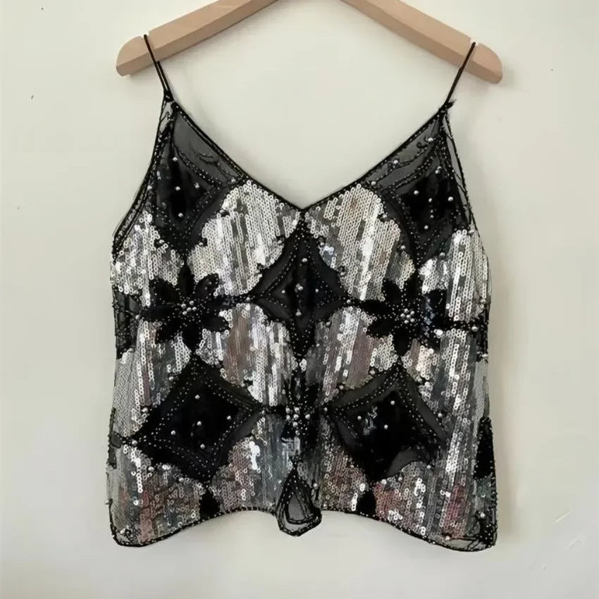 Bling Sequined Tanks Tops Women Sexy Beaded Work Mesh Tops Chic Women Sparkly Cami Vest Femme Summer Streetwear
