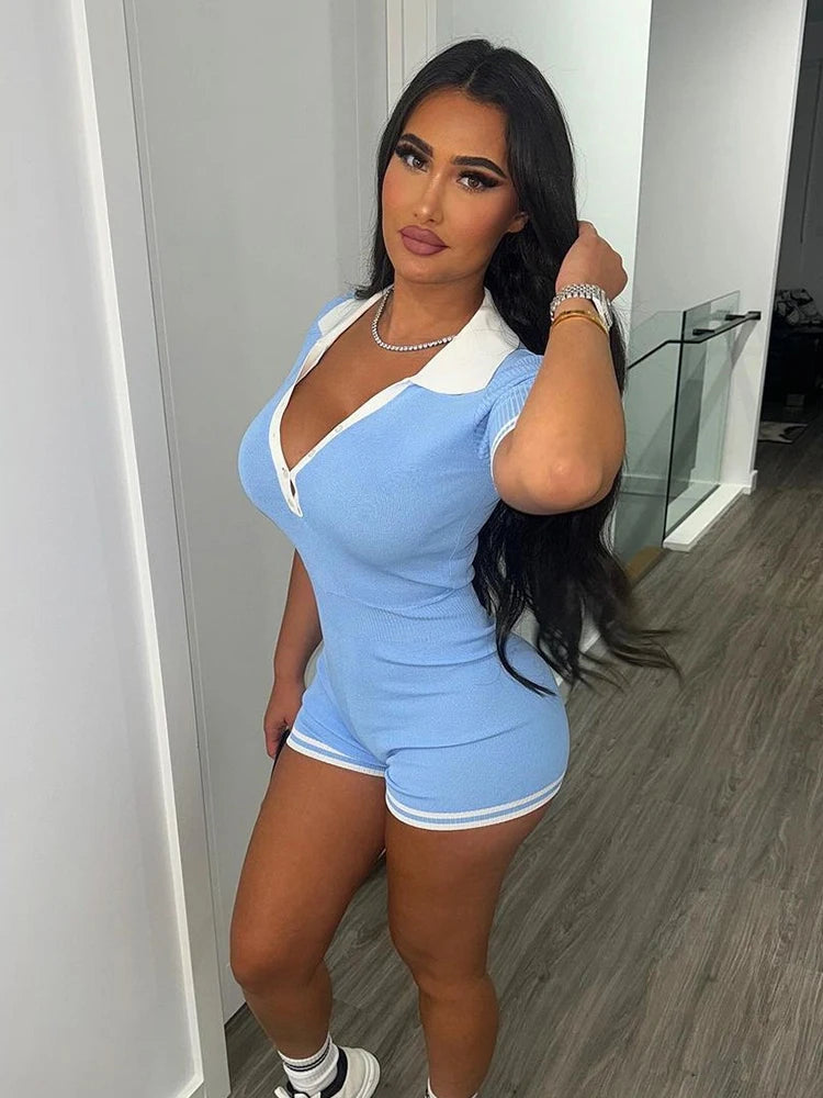 Casual Women Romper Single-Breasted Polo Neck Shorts Sleeve Summer Simple Streetwear Sporty Activity Fitness Playsuit