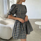 Women's Y2K Plaid Mini Dress Round Neck Puff Sleeve Bow Tie Cuffs A-Line Flared Skirt Casual Vintage Summer Dress