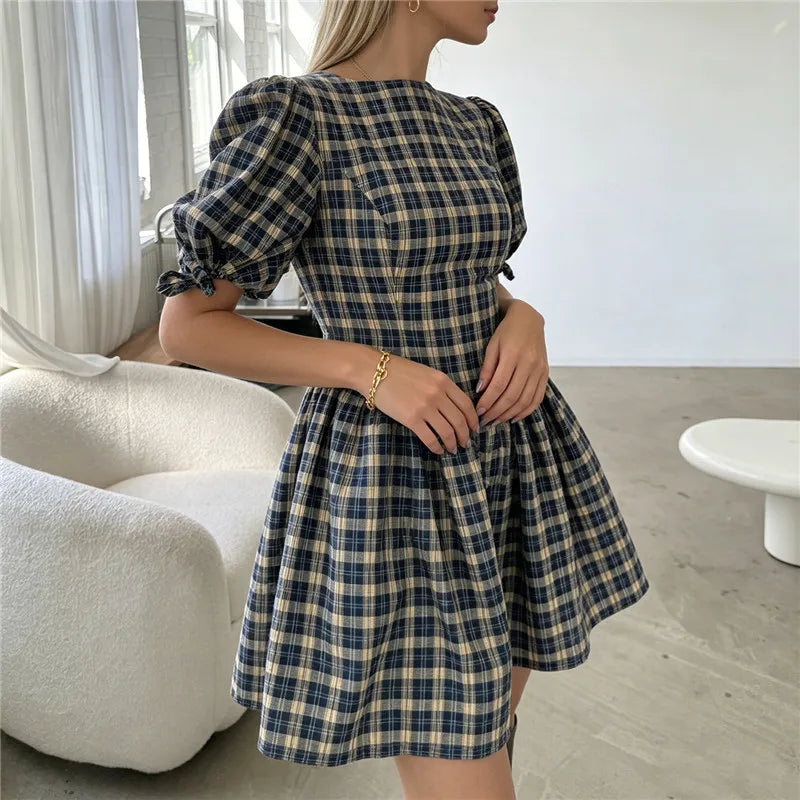 Women's Y2K Plaid Mini Dress Round Neck Puff Sleeve Bow Tie Cuffs A-Line Flared Skirt Casual Vintage Summer Dress
