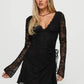 Women Black Lace Long Sleeve Mini Dress Deep V‑Neck Ruched Side Slit Bodycon Dresses Evening Party Clubwear Outfit