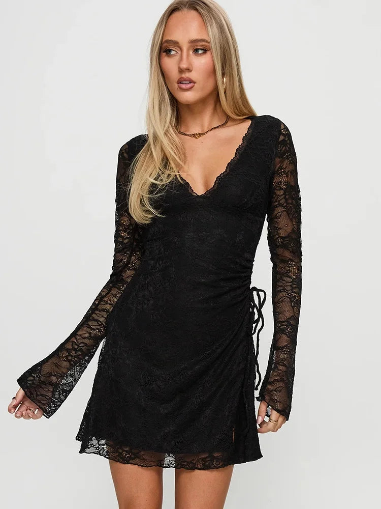 Women Black Lace Long Sleeve Mini Dress Deep V‑Neck Ruched Side Slit Bodycon Dresses Evening Party Clubwear Outfit