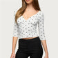 Women Vintage Polka Dot Crop Top Deep V 3/4 Sleeve Wrap Bust Slim Fitted Short T Shirt Retro Casual Y2K Basic Blouse