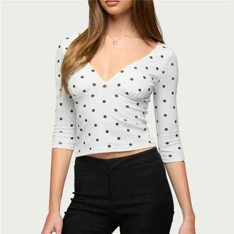 Women Vintage Polka Dot Crop Top Deep V 3/4 Sleeve Wrap Bust Slim Fitted Short T Shirt Retro Casual Y2K Basic Blouse