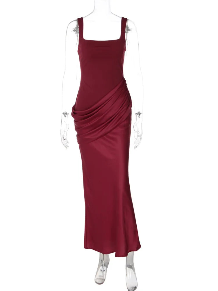 Women Mermaid Maxi Dress Square Neck Sleeveless Ruched Bodycon Long Dress Evening Party Formal Wedding Guest Dresses