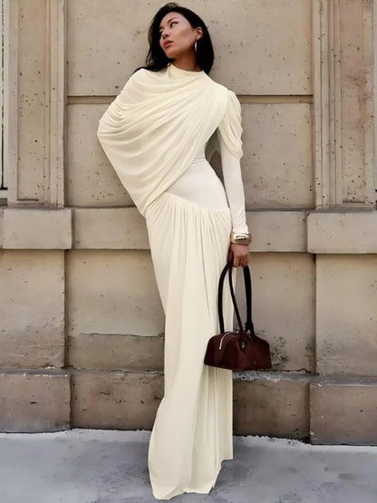 Asymmetrical Long Sleeve Pleated Maxi Dress Elegant Party Evening Dresses Winter Clothes Woman