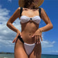 Women's Two Piece Outfits Beachwear White Bikini Set with Black Straps and Decorative Center Bow 2Pcs Swimwear