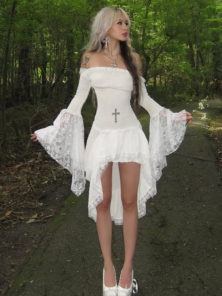 Lace Irregular Patchwork Dress Women Slash Neck Jacquard Flare Sleeve Sexy Birthday Halloween Stretch Skinny Bodycon