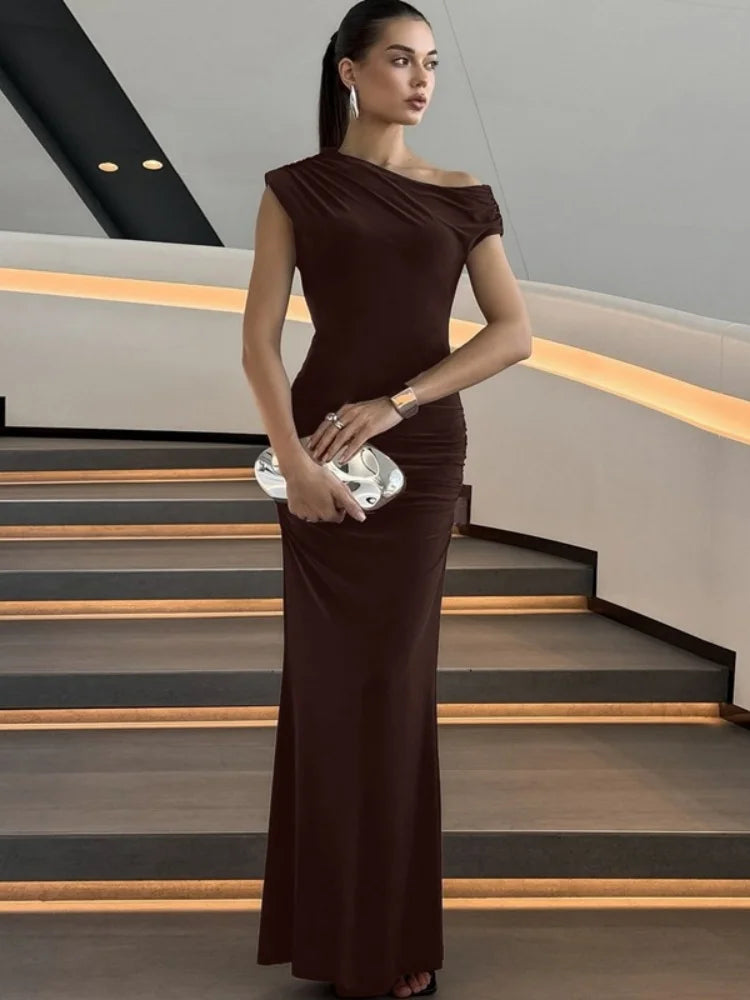 One Shoulder Fishtail Long Maxi Dresses Brown Elegant Dresses Woman 2025