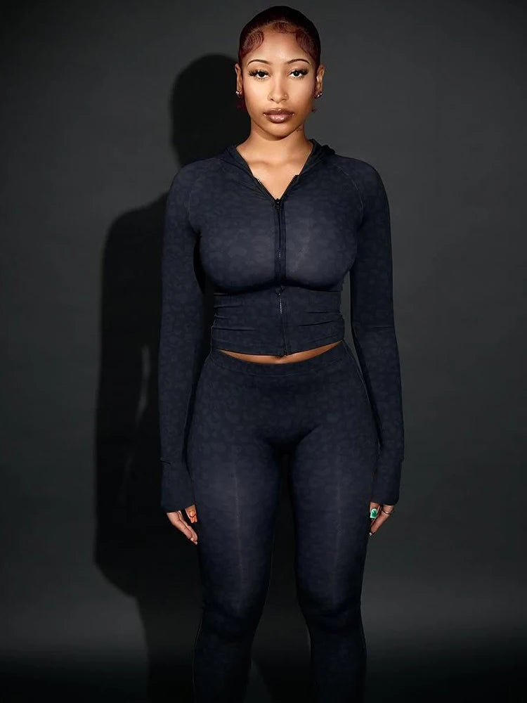 Sporty Leopard Print 2 Piece Set Woman Full Sleeve Zip Cardigan Hooded Crop Tops+Skinny Long Pants Street Fashion Outfits