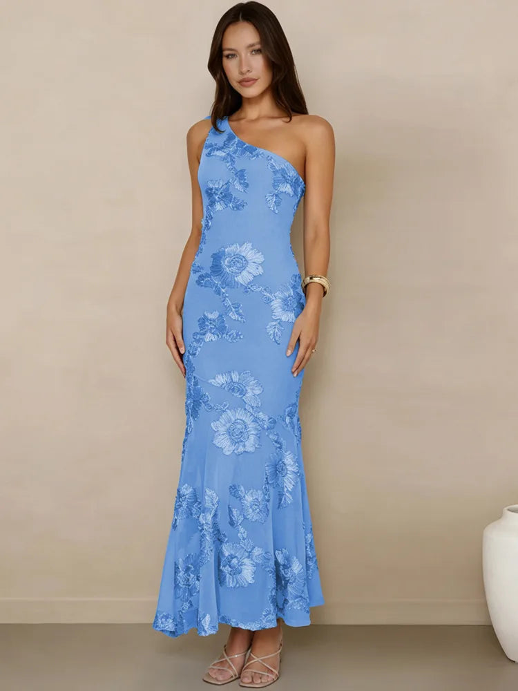 3D Floral Applique Sexy Maxi Dress Women Elegant One Shoulder Backless Sleeveless Bodycon Club Party Evening Long Dress