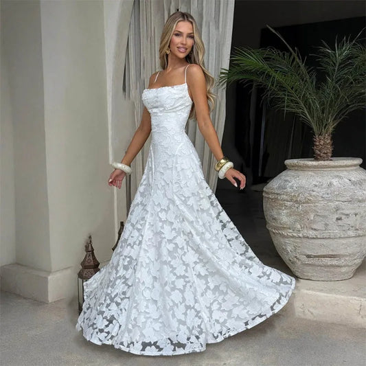 Lace Up Sleeveless Backless Maxi Dress Sexy Elegant White Evening Dresses Woman Party Wear