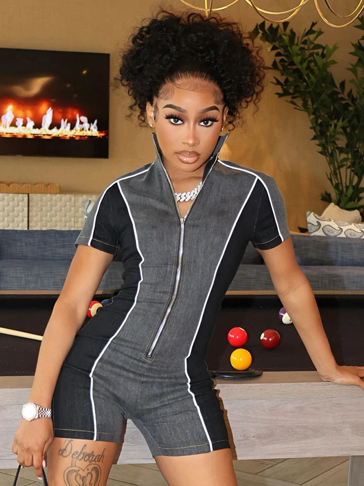 Zip Playsuits Women Skinny Stretch Patchwork Sporty Summer Trend Street Simple Classic Daily Sexy Midnight Rompers