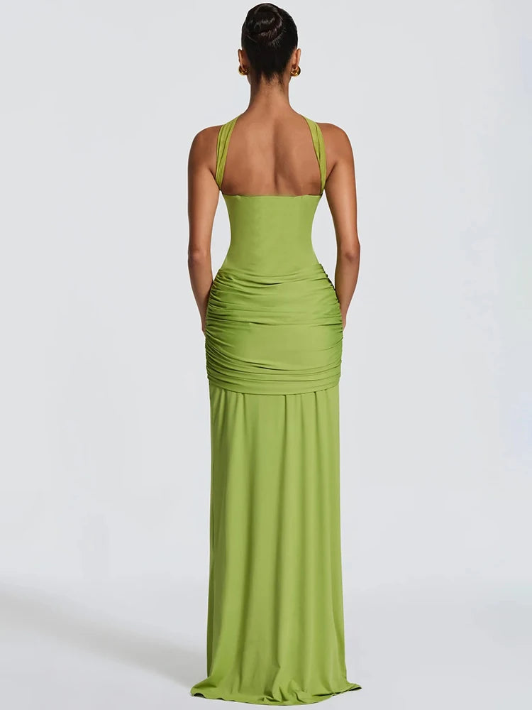 Women Halter Backless Sexy Maxi Dress Elegant Sleeveless Ruched Waist Draped Bodycon Club Party Evening Cocktail Dress