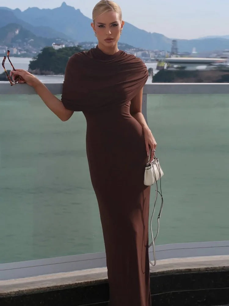 Irregular Ruched Sexy Maxi Dress For Women Elegant Autumn Inclined Shoulder Pleated Club Party Long Dresses Female