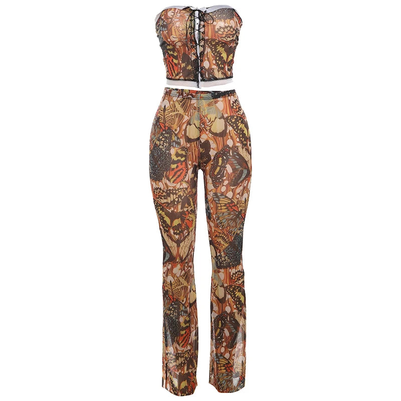 Butterfly Print Women 2 Piece Set See Through Sexy Shirring Strapless Tops+Trousers Matching Hipster Clubwear Outfits