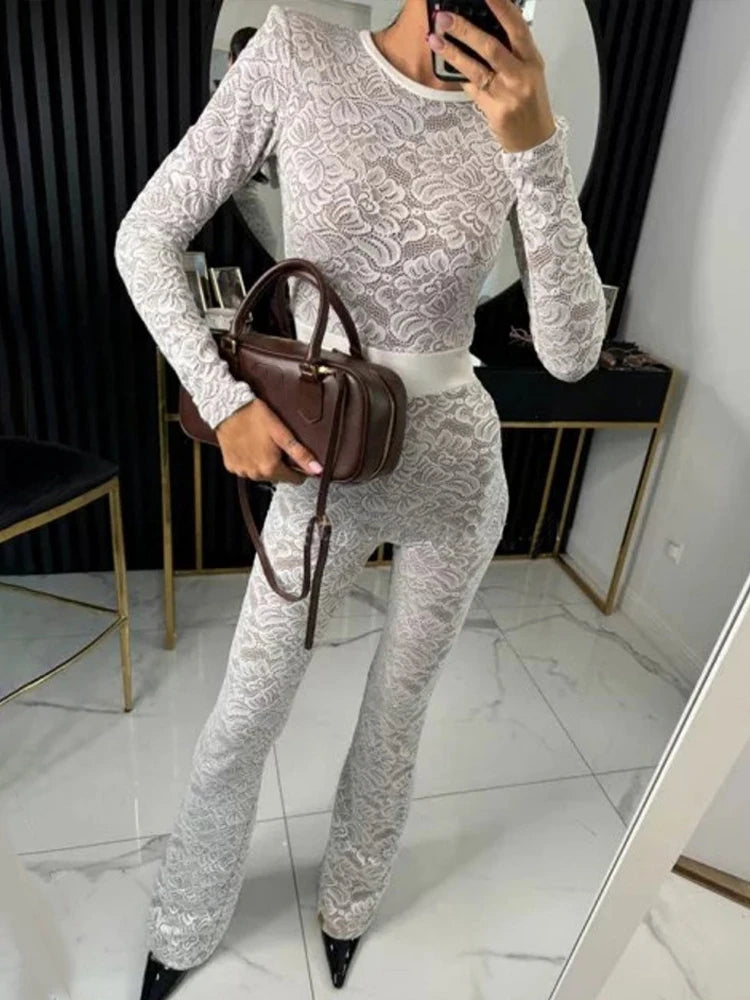 Lace Print Long Sleeve Jumpsuits Women Overalls Fashion Autumn Winter New Two Layer O Neck Slim Fit Sexy Jumpsuits