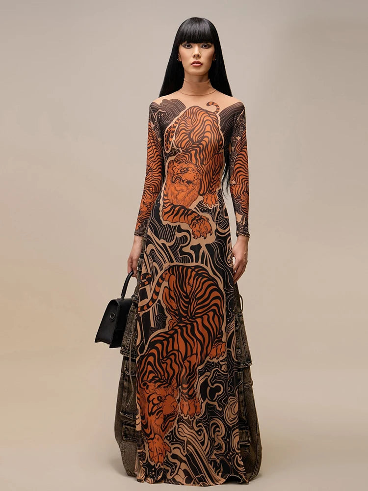 See Through T-Shirts Women Tiger Print Long Sleeve High Neck High Slits High Elastic Skinny Trend Street Hipster Tops