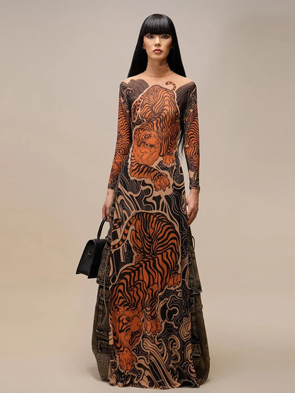 See Through T-Shirts Women Tiger Print Long Sleeve High Neck High Slits High Elastic Skinny Trend Street Hipster Tops