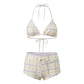 Women's 2 Piece Bikini Set Fashion Plaid Print Sleeveless Halter Neck Triangle Tops and Low Waist Boyshorts Bathing Suit