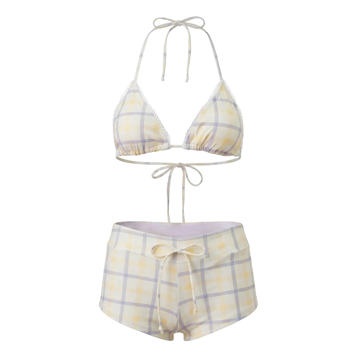 Women's 2 Piece Bikini Set Fashion Plaid Print Sleeveless Halter Neck Triangle Tops and Low Waist Boyshorts Bathing Suit