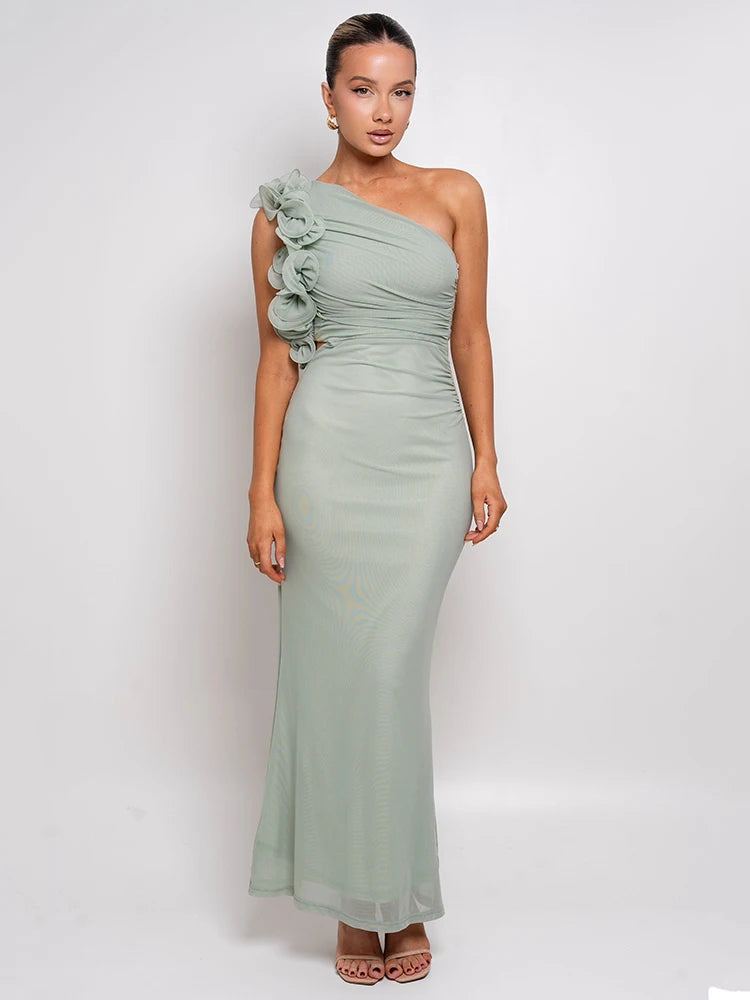Shoulder Floral Mesh Ruched Sexy Maxi Dress For Women Gown Oblique Shoulder Sleeveless Backless Bodycon Long Dress