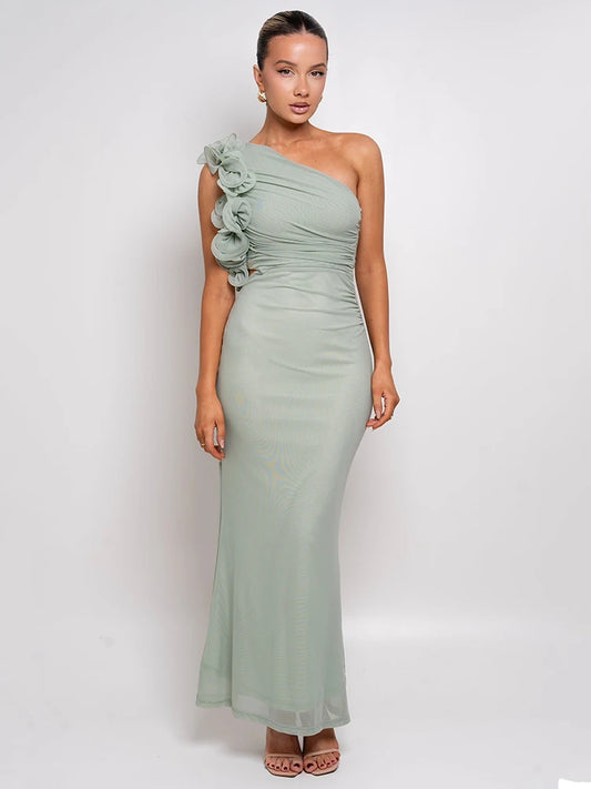 Shoulder Floral Mesh Ruched Sexy Maxi Dress For Women Gown Oblique Shoulder Sleeveless Backless Bodycon Long Dress