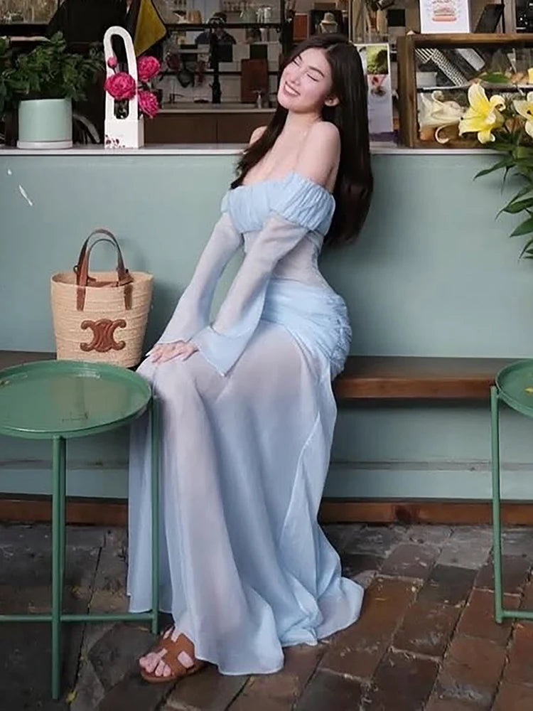 Off-Shoulder Maxi Dress Women Full Sleeve Folds See Through Hem Elegant Vacation Birthday Party Chic Autumn Vestidos