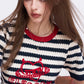 Y2K Striped Knit T-Shirt with Devil Heart Print, Retro Harajuku Short Sleeve Top, Aesthetic Slimming Knitted Jumper