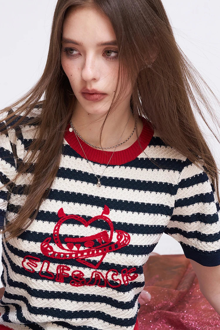 Y2K Striped Knit T-Shirt with Devil Heart Print, Retro Harajuku Short Sleeve Top, Aesthetic Slimming Knitted Jumper