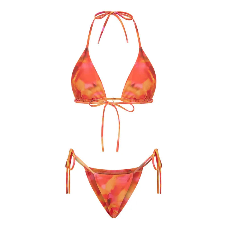 Women 2 Pieces Bikini Swimsuit Spaghetti Strap Top Tie Side Triangle G-Thong Bathing Suit Beach Holiday Swimwear