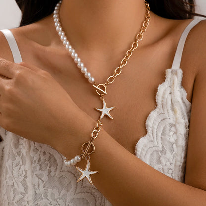 2Pcs Boho Punk Starfish OT Buckle Pendant Choker Necklace Bracelet Women Elegant Imitation Pearl Chain Y2K Jewelry Set