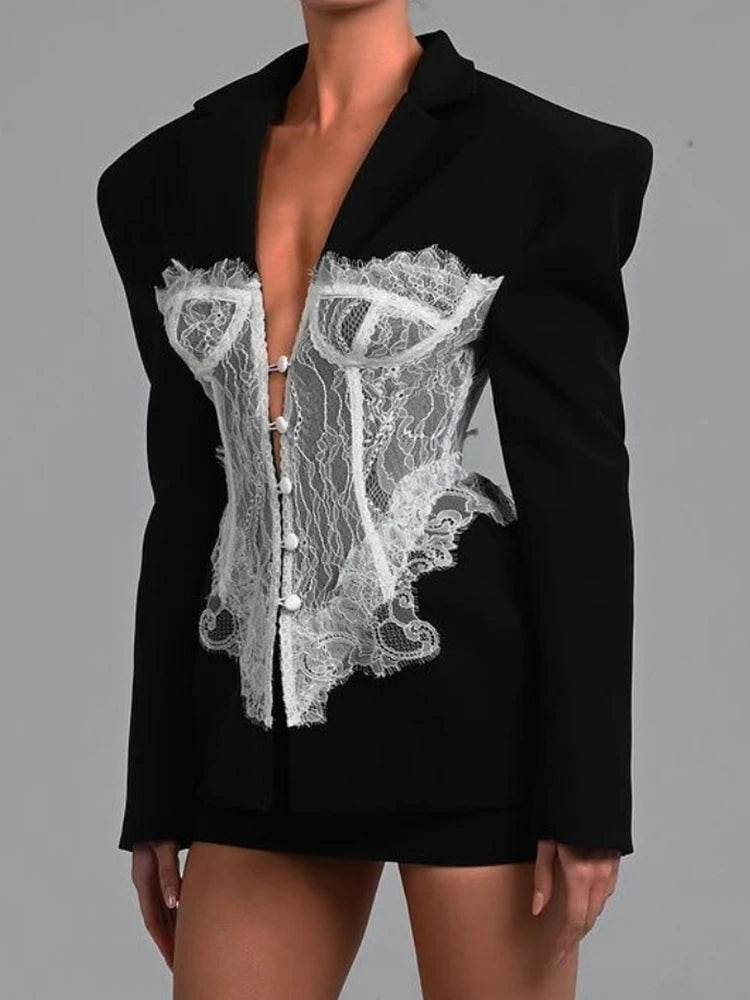 Patchwork Long Sleeve Sexy Blazer Women Elegant Fashion Deep V Neck Embroidery Single-breasted Blazers Coat Female