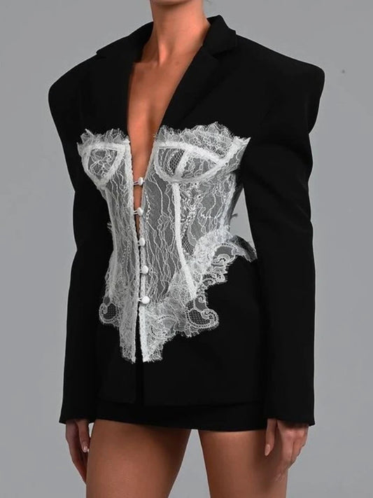 Patchwork Long Sleeve Sexy Blazer Women Elegant Fashion Deep V Neck Embroidery Single-breasted Blazers Coat Female