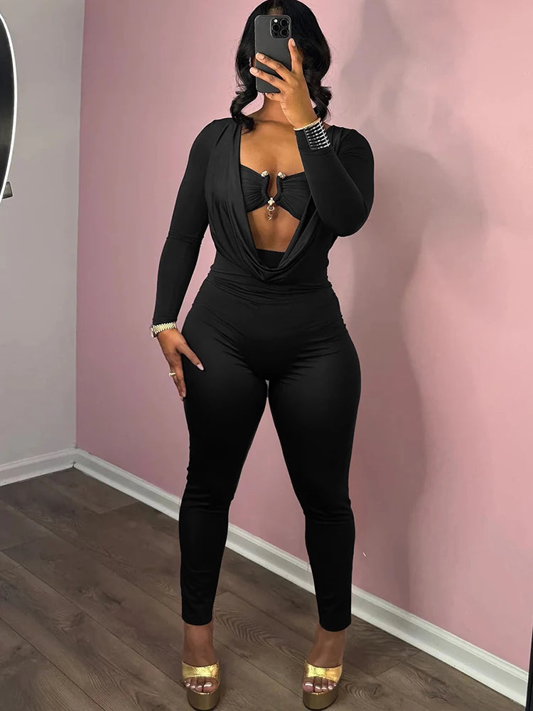Sexy Jumpsuits Women Metal Decoration Swing Collar Long Sleeve Slim Peach Hip Midnight Street Clubwear Party Overalls