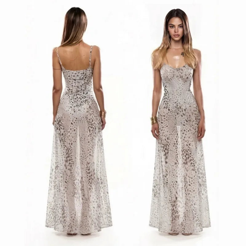 Leopard Print Mesh Sheer Spaghetti Strap Maxi Dress Elegant Flowing A-line Dresses for Woman Vacation Outfits