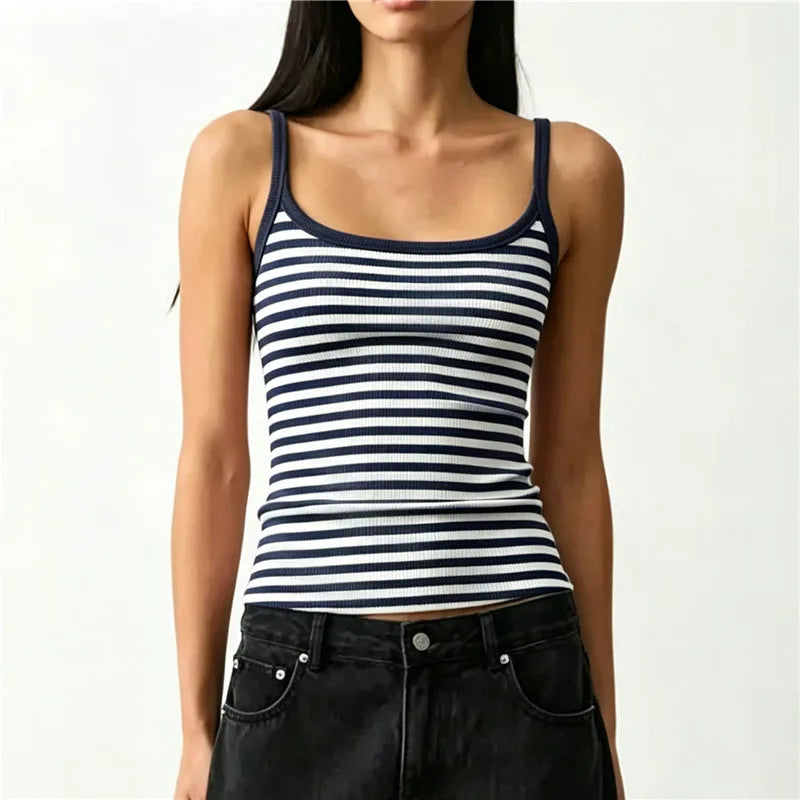 Women Striped Ribbed Tank Top U Neck Sleeveless Slim Fit Cami Top Y2K Retro Stripe Print Summer Casual Camisole