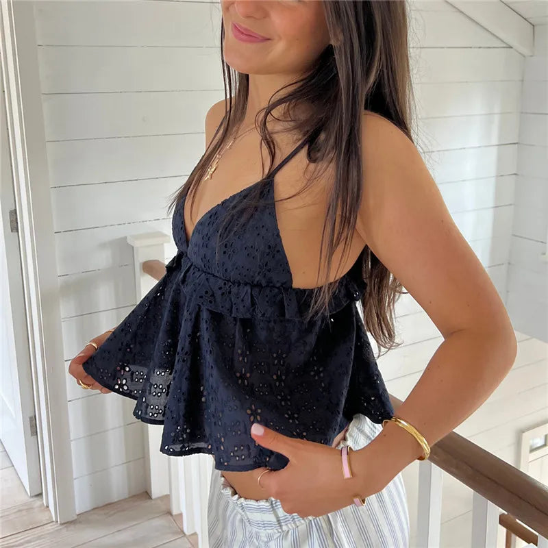 Summer Vacation Ruffles Trim Peplum Crop Tops Jacquard Eyelet Babydoll Camis Fairycore Y2k V Neck Backless Tank Tops