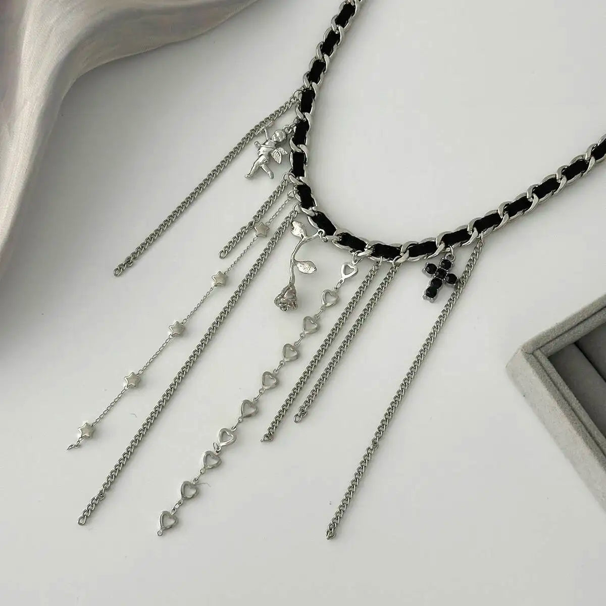 Boho Heart Rose Cross Metal Tassel Pendant Chokers Necklace Women Trendy Exquisite Neck Chain Wed Bride Jewelry Gift ﻿