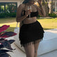 Crochet 2 Piece Set Woman Sexy Beach Vacation Backless Bandage Halter Camisole+Tassel Skirts Party Matching Clubwear