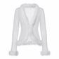 Women Y2K Faux Fur Trim Mesh Cardigan Long Sleeve V Neck Open Front Cropped Sheer Jacket Club Party Outerwear Tops